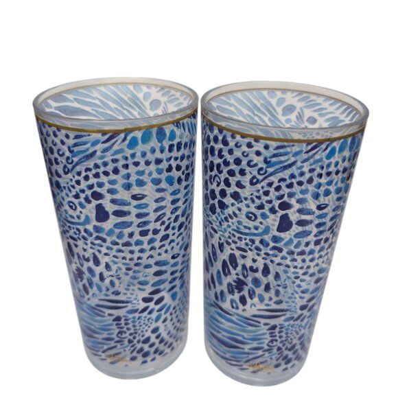 Lilly Pulitzer Drinking Cups LOT OF 2 Blue Plastic Iced Tea Glasses Gold Trim - Picture 2 of 10